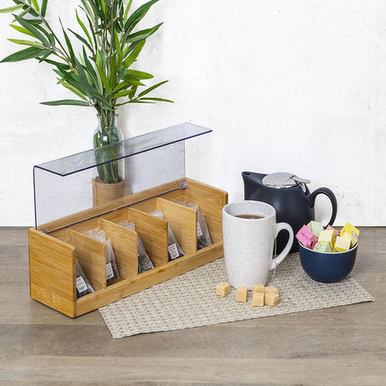 Theedoos lichtbruin met deksel - 5-vaks - Bamboe hout