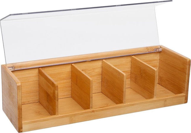 Theedoos lichtbruin met deksel - 5-vaks - Bamboe hout