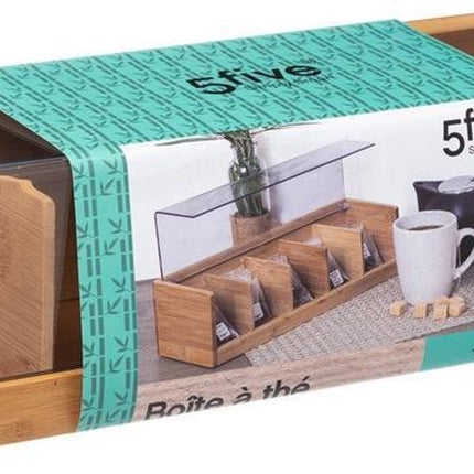 Theedoos lichtbruin met deksel - 5-vaks - Bamboe hout