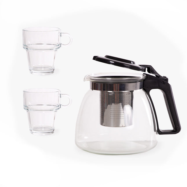 3-delig theepot van 900 ml en 2 glazen kpjes van 270 ml