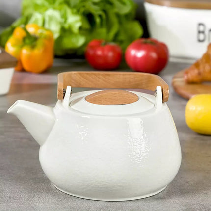 Theepot van Porselein - 1,2 Liter, Elegant Design met Beukenhouten Handvat - Perfect voor Thee Liefhebbers
