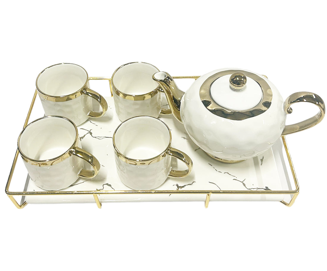Porseleinen theeservies met gouden rand – theepot, 6 kopjes en dienblad – foto 6