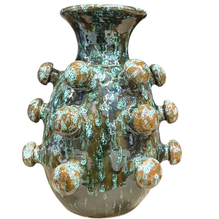 Handgemaakte keramieken vaas met bolstructuur – bruin/groen – 26 cm hoog