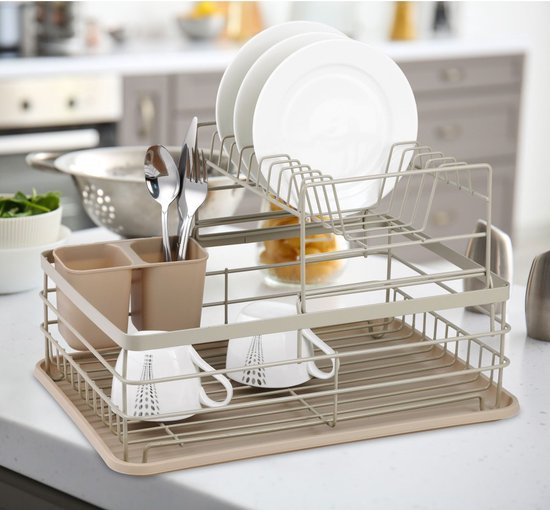 Kinghoff vaat droogrek beige – afdruiprek van staal, kunststof en hout – foto 2