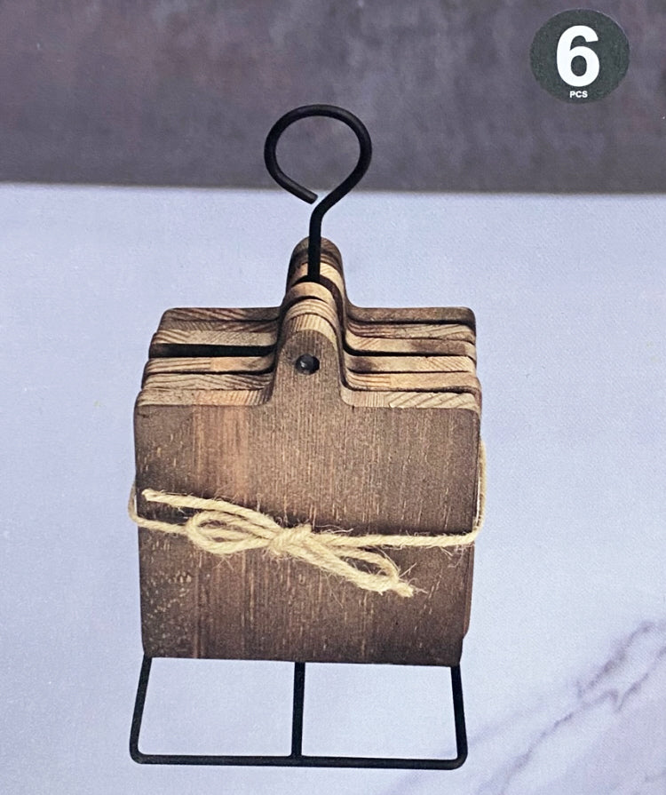 Wooden square coasters on a metal holder