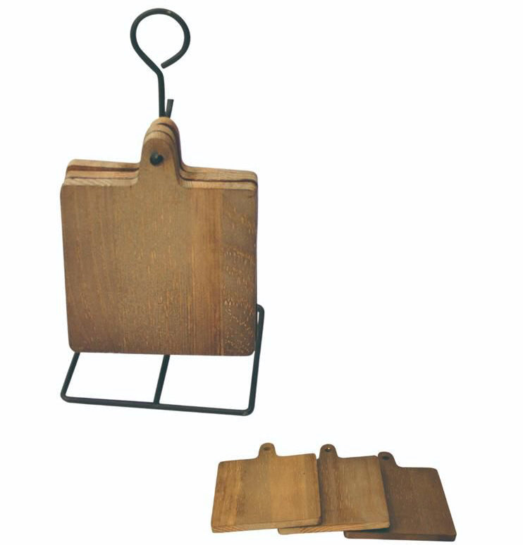 Wooden square coasters on a metal holder