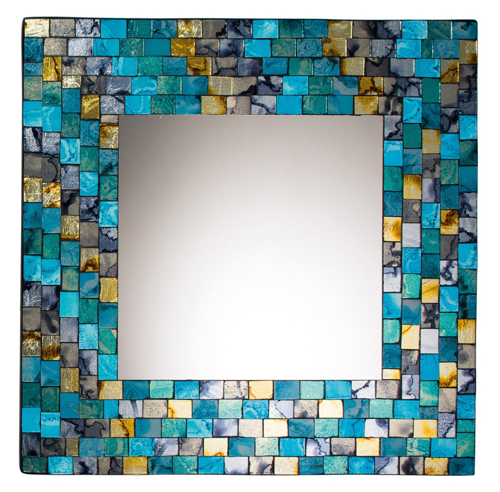 Oriental square mirror turquoise and gold mosaic