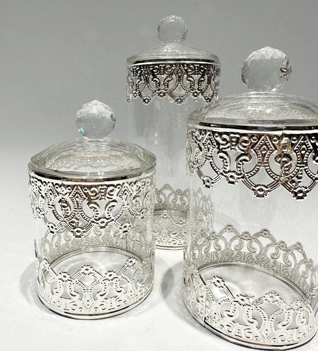Glazen voorraadpotjes met zilveren decoratie – opbergpotjes, set van 3 – foto 2