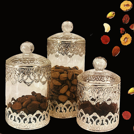 Opbergpotjes,glazen voorraadpotjes, glazen voedselpotjes zilver(3 stuks )