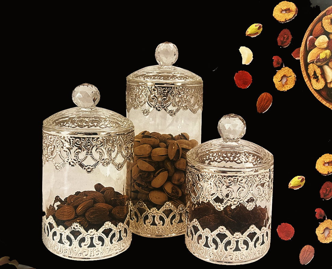 Glazen voorraadpotjes met zilveren decoratie – opbergpotjes, set van 3 – foto 3