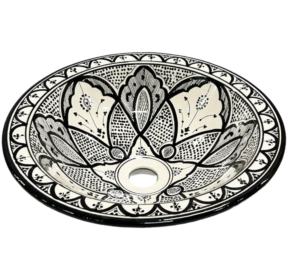 Moroccan washbasin with black tones - Earthenware (above-counter) sink Ø 35 cm