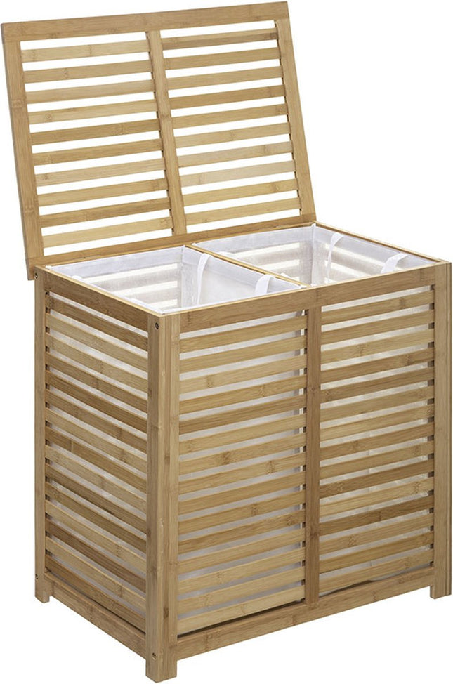 Wasmand Bamboe - Dubbele bak - 2x 50 liter compartiment - 58 x 40 x 60 cm - met deksel