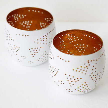 Oosterse waxinehouder bol - filigrain wit/vintage goud - Set van 2 stk.