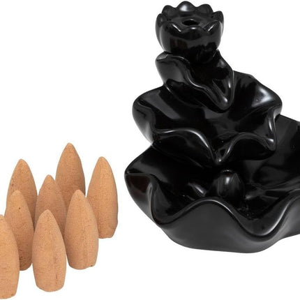 Zwarte Keramische Wierookfontein met 10 Wierookkegels – Stijlvolle Aromatherapie Set (9,5x10,5 cm)