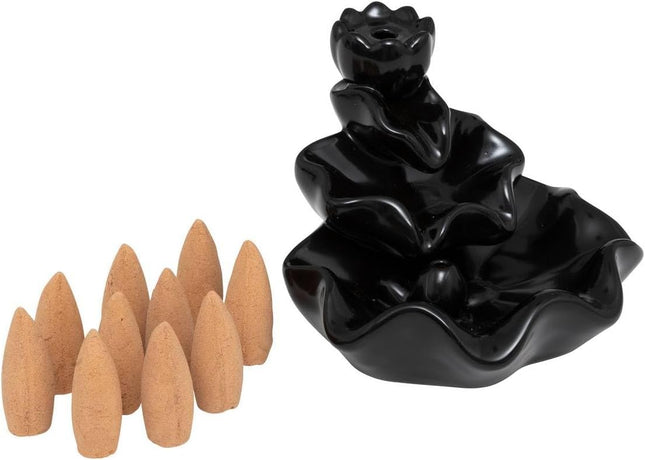 Zwarte Keramische Wierookfontein met 10 Wierookkegels – Stijlvolle Aromatherapie Set (9,5x10,5 cm)