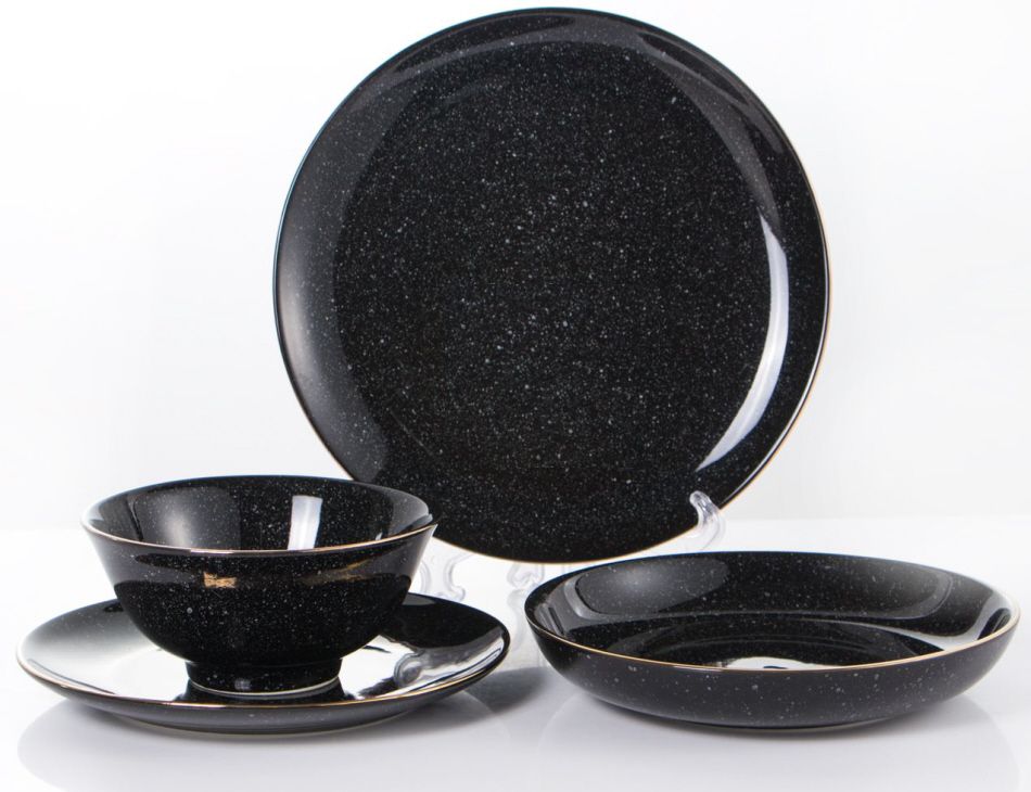 Service de table 24 pièces 6 Personnes - Noir et Blanc avec bords dorés