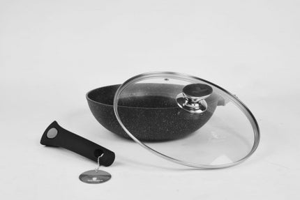 Marble Coating Wokpan Inductie - met glazen deksel - Zwart - 28 cm
