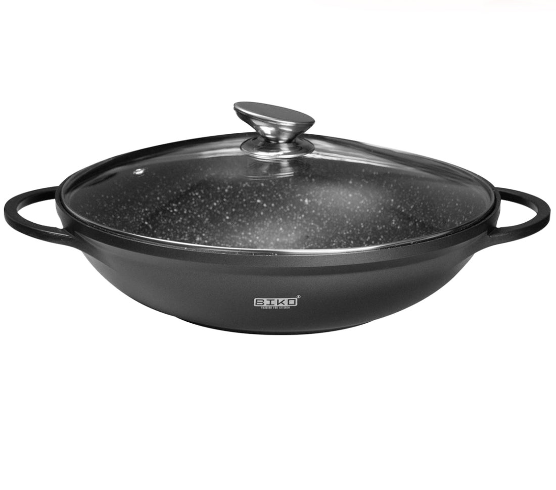 Wok Ø 40 cm - Revêtement marbré - Couvercle en verre