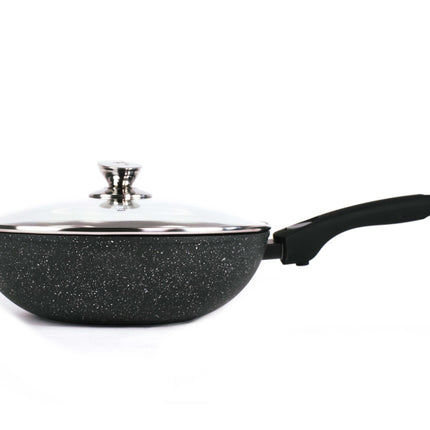 Marble Coating Wokpan Inductie - met glazen deksel - Zwart - 28 cm