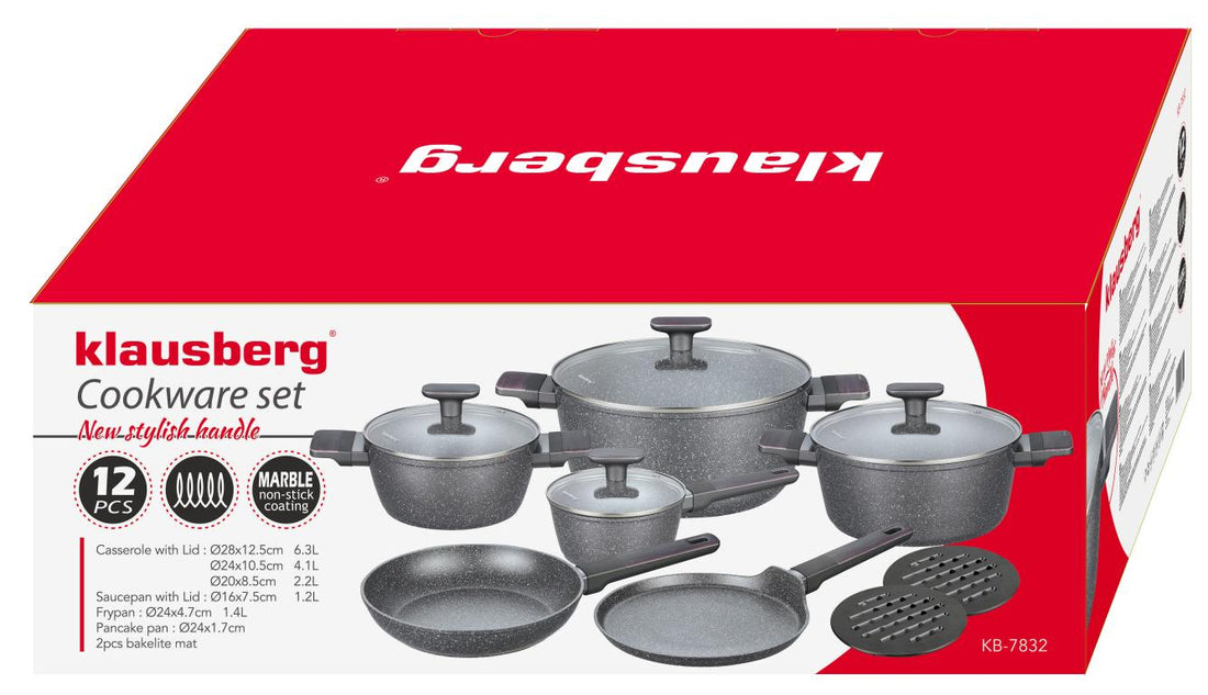12-Piece Marble Cookware Set in Grey - Complete and Functional Cookware with Glass Lids