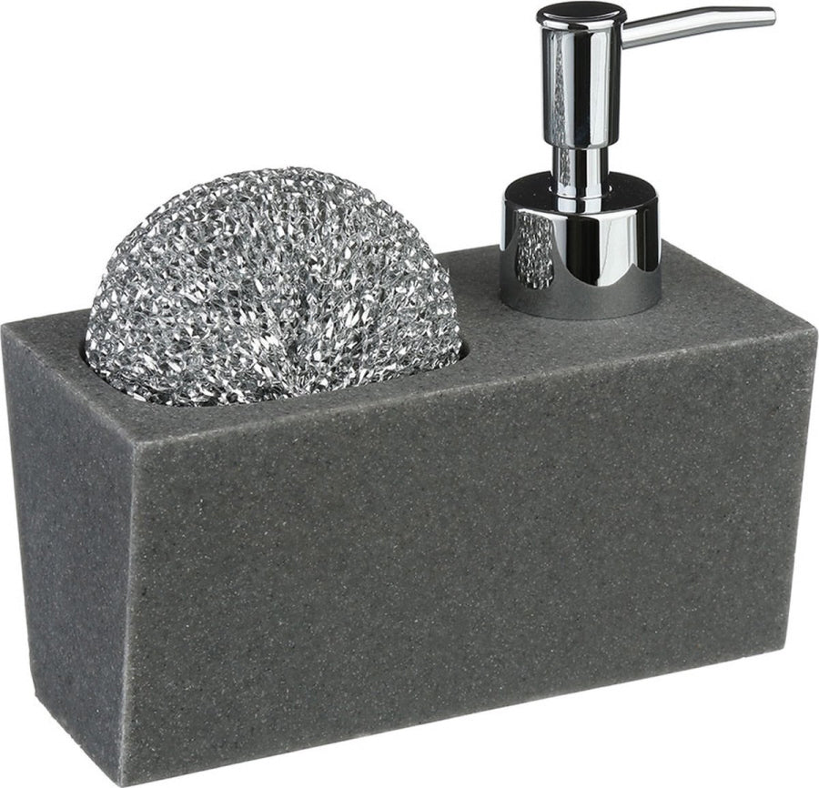 Natural stone soap dispenser with sponge holder - Grey