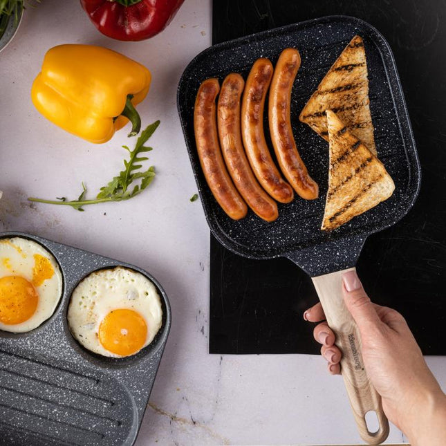 Compacte Zwarte Anti-aanbak Grillpan met Houten Handvat - 36x18,5x2,5 cm