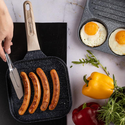 Compacte Zwarte Anti-aanbak Grillpan met Houten Handvat - 36x18,5x2,5 cm