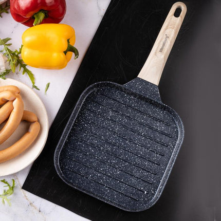 Compacte Zwarte Anti-aanbak Grillpan met Houten Handvat - 36x18,5x2,5 cm