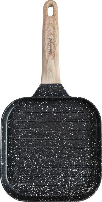 Compacte Zwarte Anti-aanbak Grillpan met Houten Handvat - 36x18,5x2,5 cm