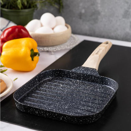 Compacte Zwarte Anti-aanbak Grillpan met Houten Handvat - 36x18,5x2,5 cm