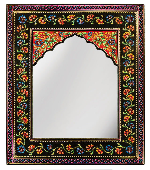 Zwarte handgeschilderde wandspiegel bloemen