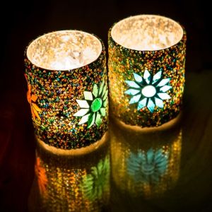 Mediteraanse waxinehouder cilinder - mozaïek & kralen - multi colour 