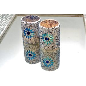 Waxinehouder cilinder - mozaïek & kralen - blauw - 