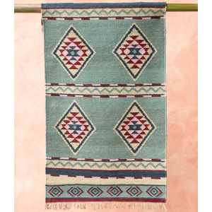 Handgeweven kelimtapijt van wol en katoen in meerdere kleuren, geometrisch, ruitvormig, 75 cm x 135 cm