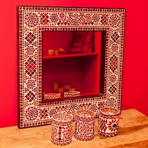 Oosterse spiegel met mozaïek frame rood-oranje 